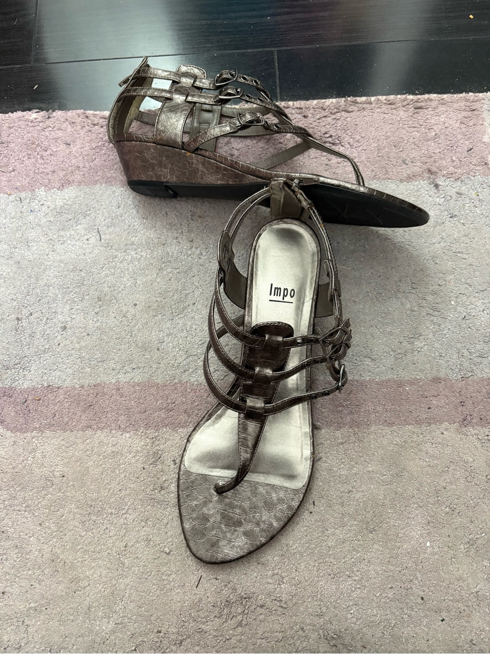 Impo Metallic Pewter Strappy Wedge Sandals